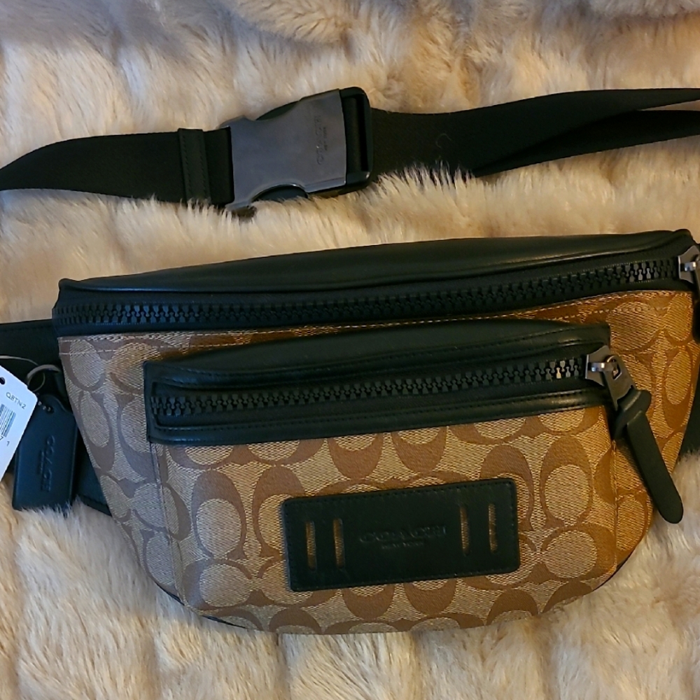 Coach Tan and Black Belt Bag with Signature Monogram